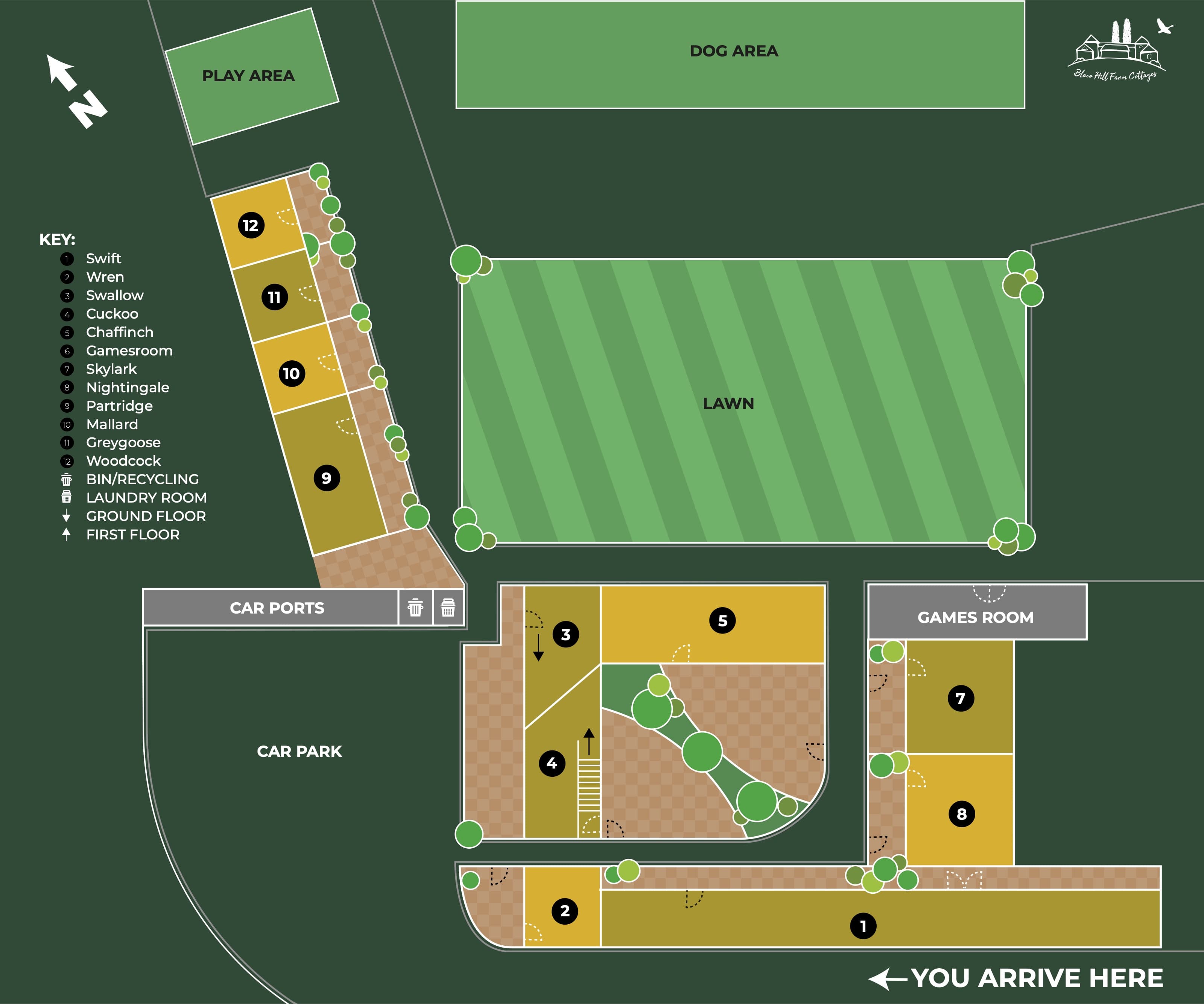 Site map of Blaco Hill Farm Cottages showing the car park, car ports, games room, lawn, play area and dog area, with the eleven cottages numbered and named in a key