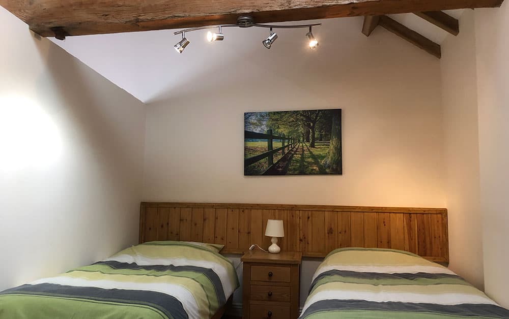 Twin bedroom with two single beds with green striped covers under a sloping beamed ceiling with spotlights
