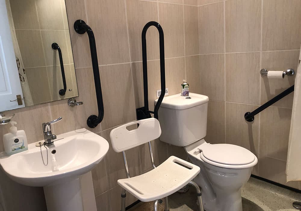 Accessible bathroom with grab rails by the toilet and basin, and a shower seat