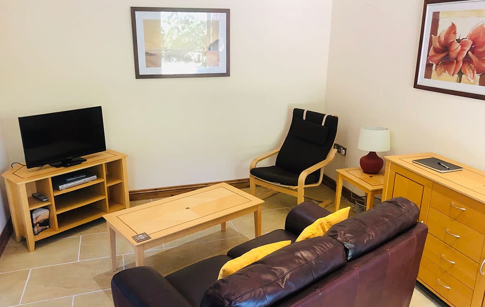 Sitting room with a leather sofa, armchair, coffee table, TV unit and a chest of drawers with a lamp